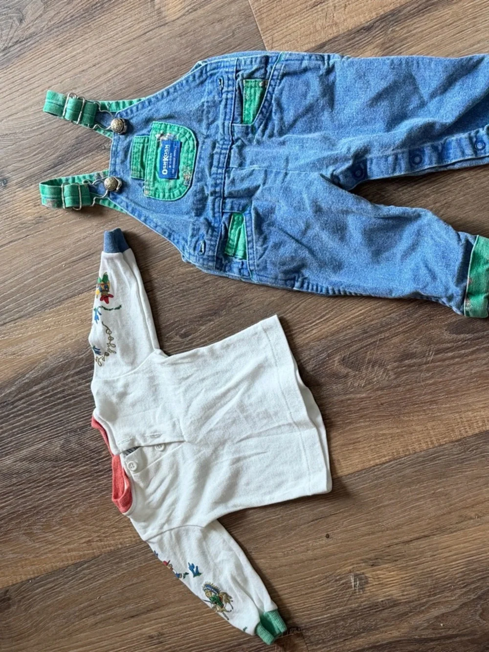 Vintage OshKosh B'gosh Blue Denim Overalls with Green Trim long sleeves